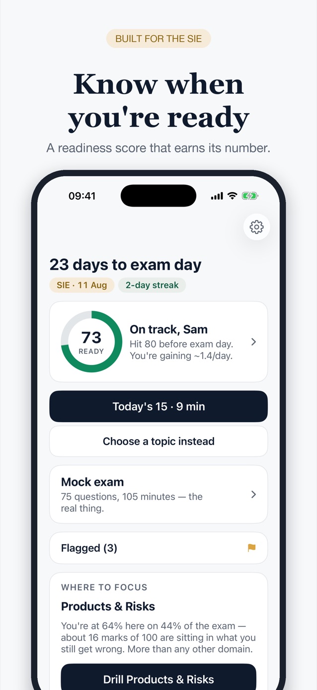 Bona Fide SIE exam home screen with daily practice and readiness score