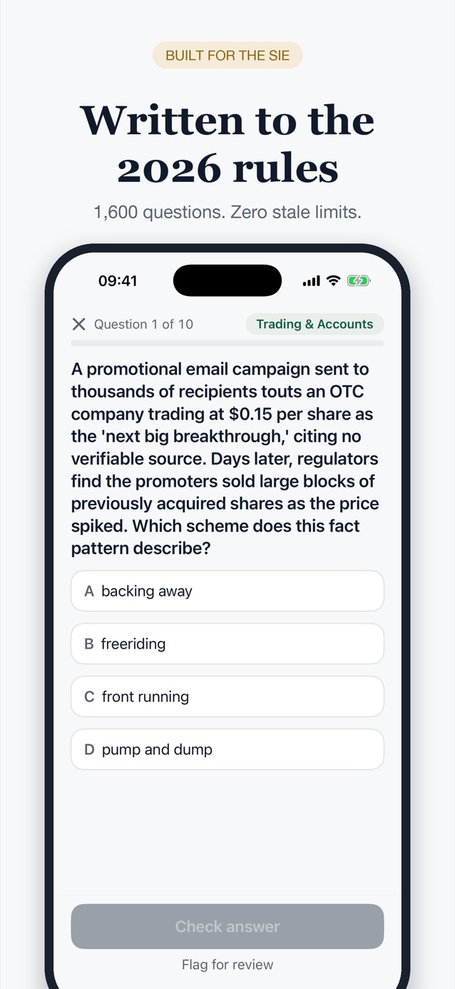 Bona Fide multiple-choice SIE practice question about market manipulation
